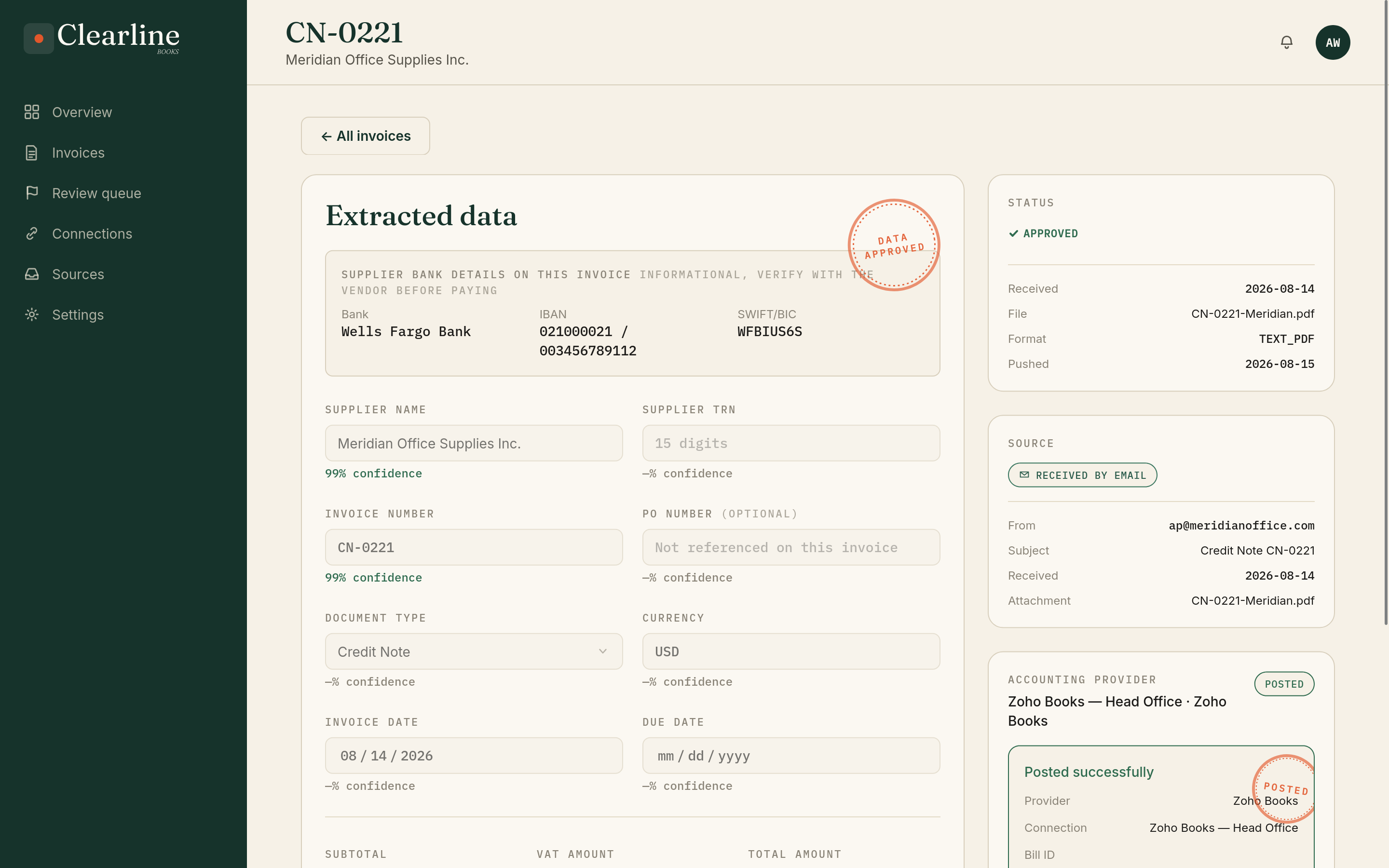 Clearline invoice detail screen showing an approved invoice, coded and synced to the accounting system