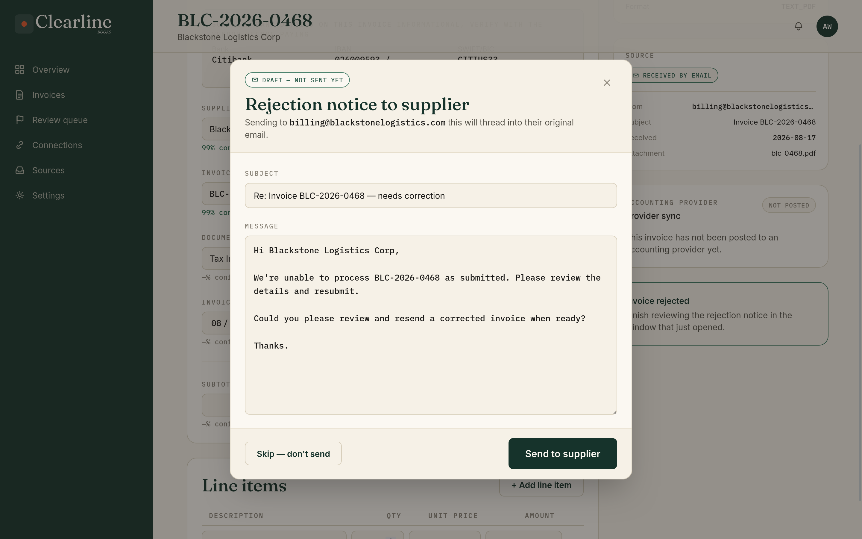 Clearline rejection flow showing a drafted email reply back to the supplier's original thread