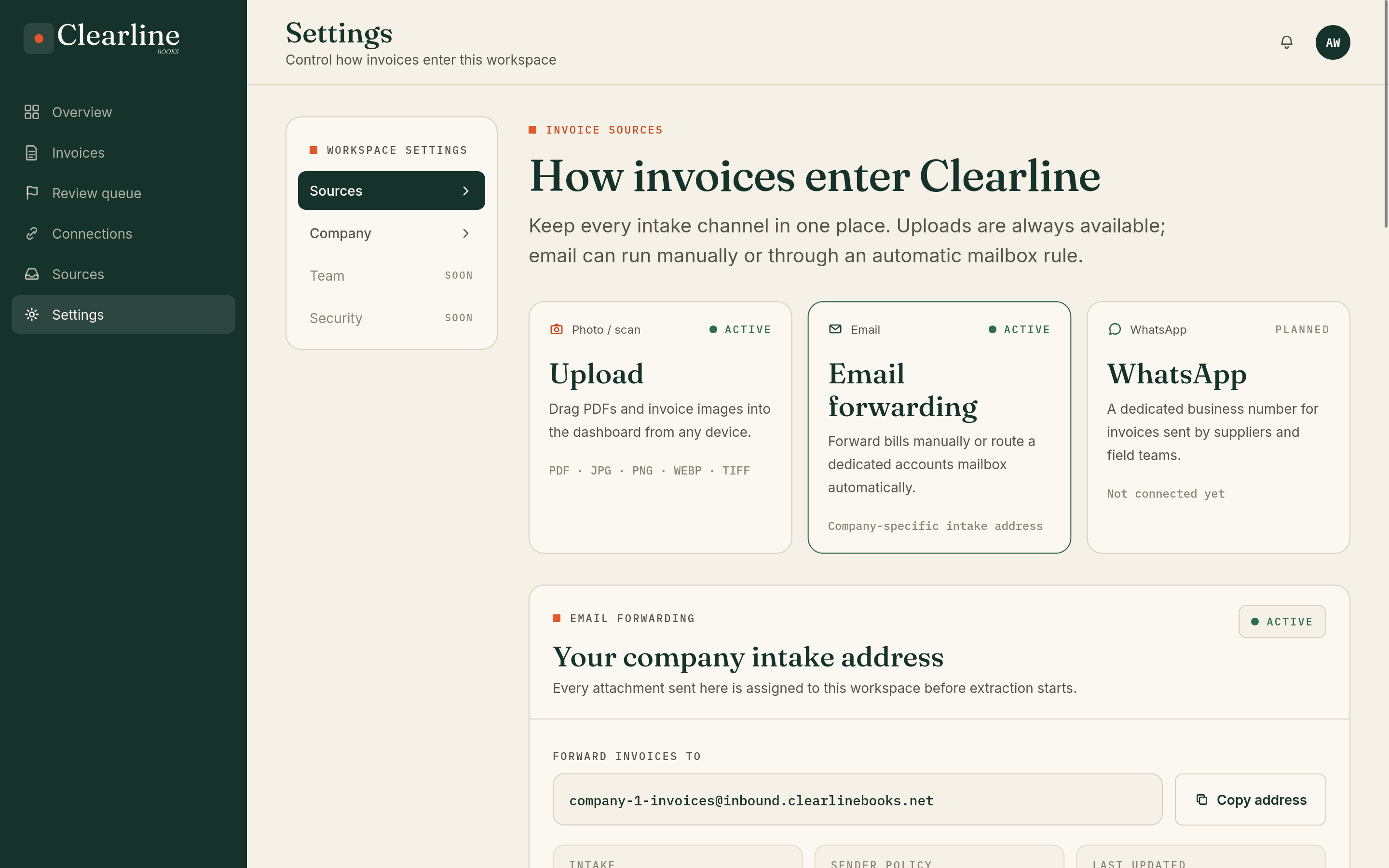 Clearline email settings screen showing the company's dedicated inbound invoice address and approved senders